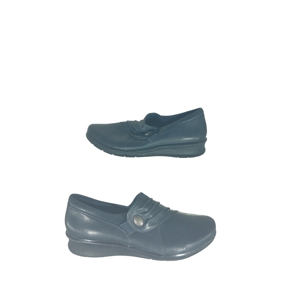 Clarks Loafers Size 6 Navy Blue Leather Ultimate Comfort Slip On Pleated Button